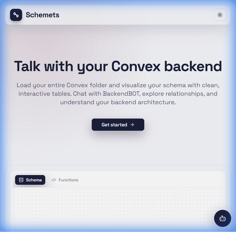Schemets landing page showing hero section with 'Talk with your Convex backend' headline and interactive ERD canvas preview