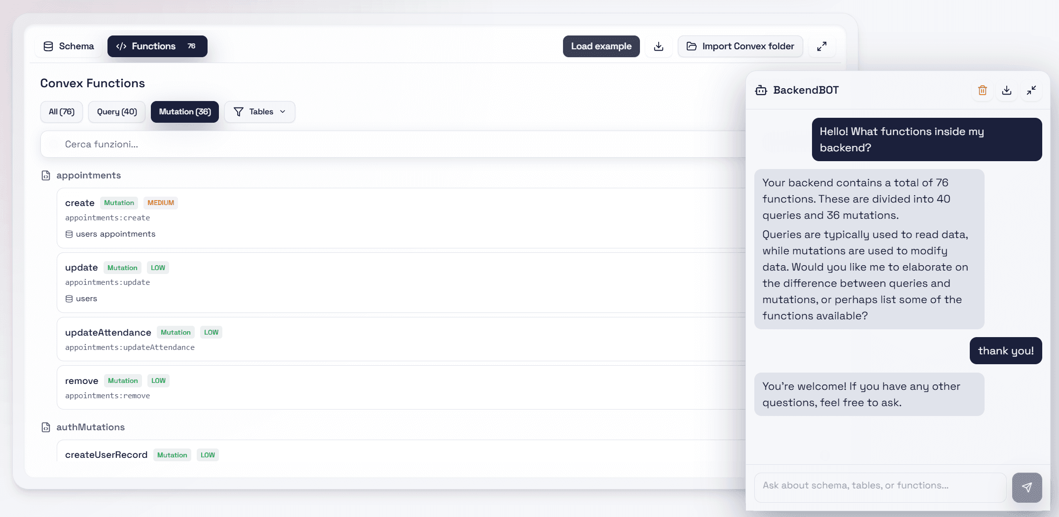 BackendBOT AI chat interface showing conversational database exploration, schema insights, and intelligent query responses